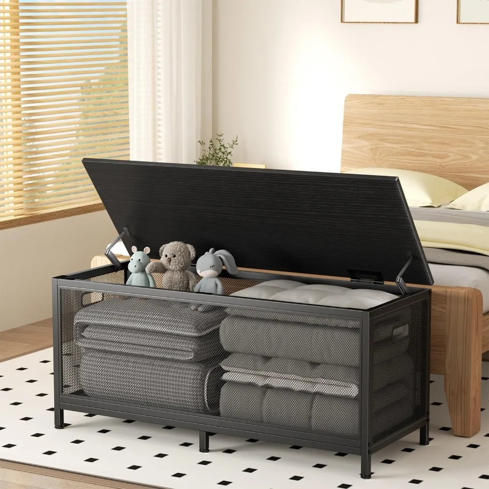 Storage Bench, Storage Chest with 2 Safety Hinges,  Inches Coffee Table, Wooden Metal Frame Storage Trunk