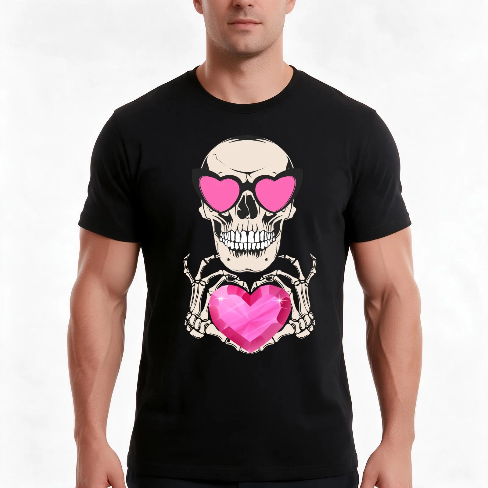 Happy Skeleton: Precious Heart Embrace T-Shirt, Summer Casual Cotton Tee, Oversized Streetwear Tops, Vintage Graphic Print
