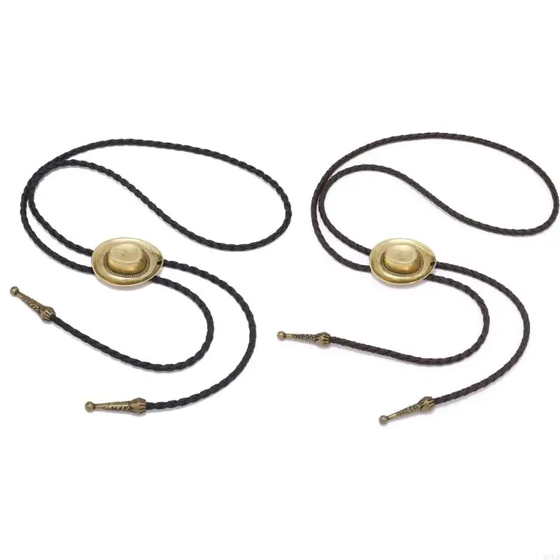 メンズヴィンテージアメリカンボロタイウエスタンメタル3Dカウボーイハットペンダント編組ロープシャツ襟ネクタイジュエリーアクセサリーW8EB