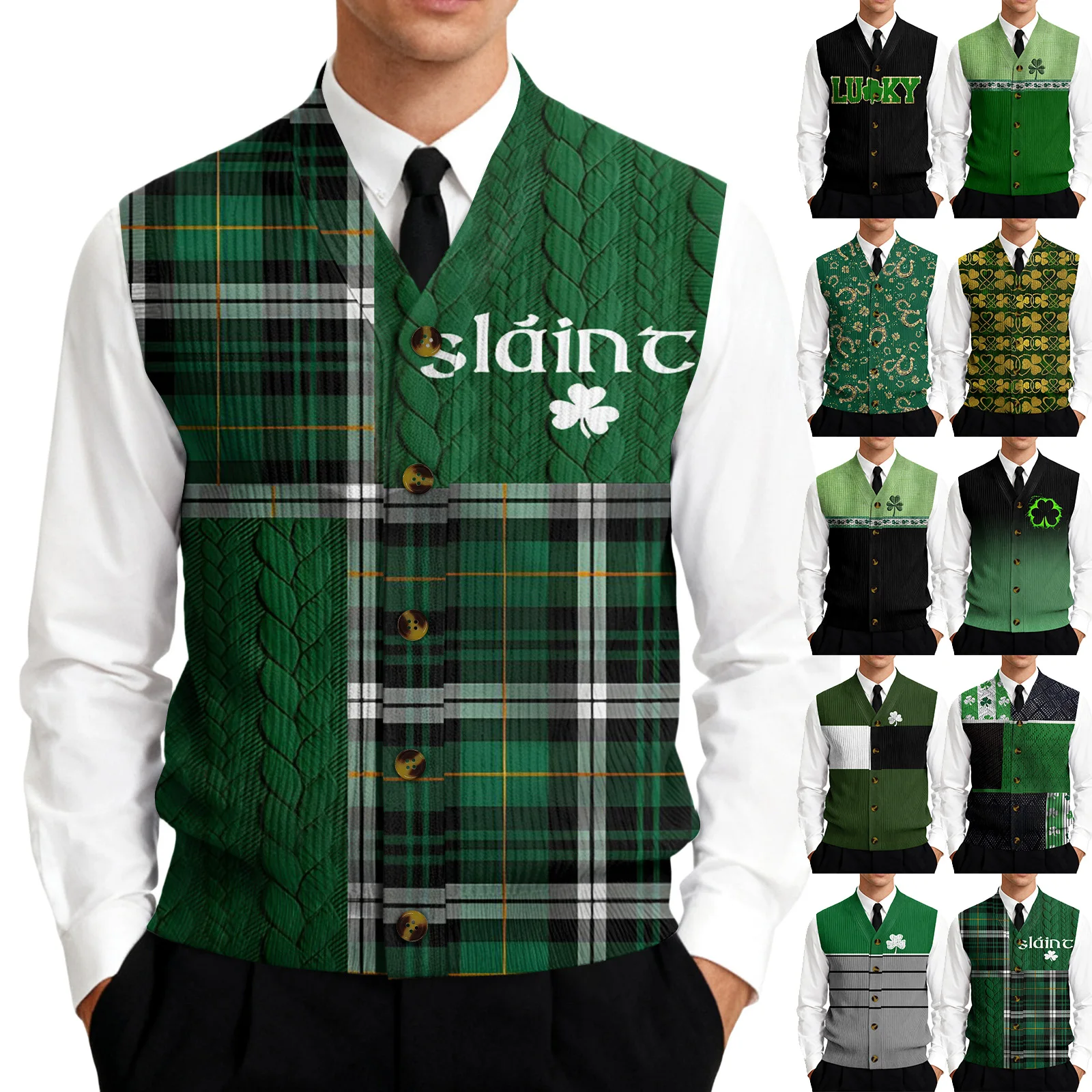 

V-Neck Vest Sleeveless Shirt Knitted Button Up Shirt St. Patrick'S Printed Shirt Spring And Autumn Men'S Sleeveless Tank Top