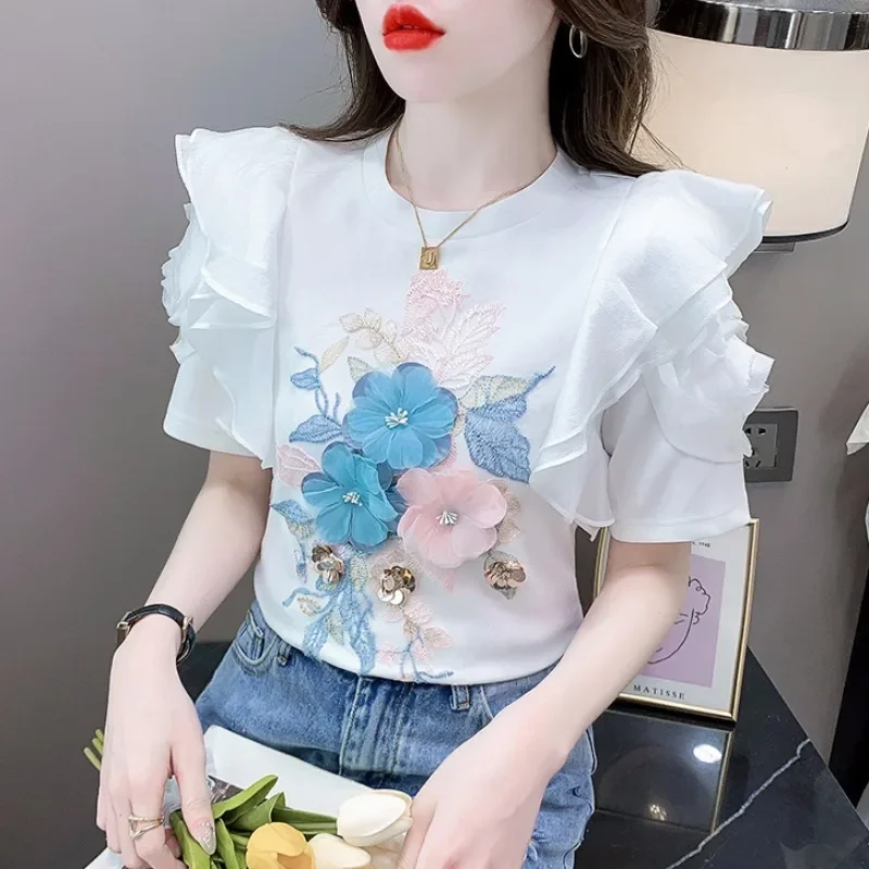 Ruffled White T-shirt Women\'s Short-Sleeved Floral Tshirt 2024 Summer New High-End Heavy Embroidery Flower Chic Top Tees ZL774