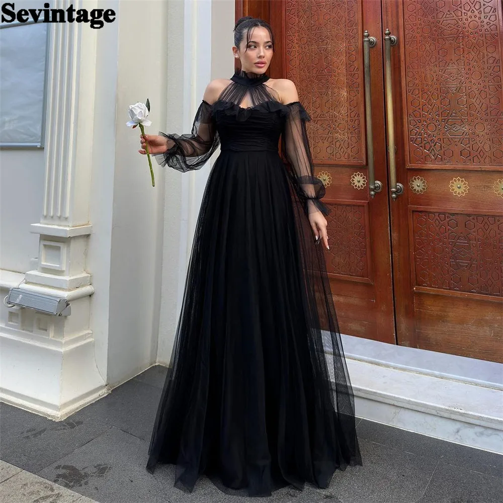 Sevintage Mature Black Tulle Prom Dress Halter Off The Shoulder Long Sleeves Ruched Floor Length Evening Dress vestidos de gala