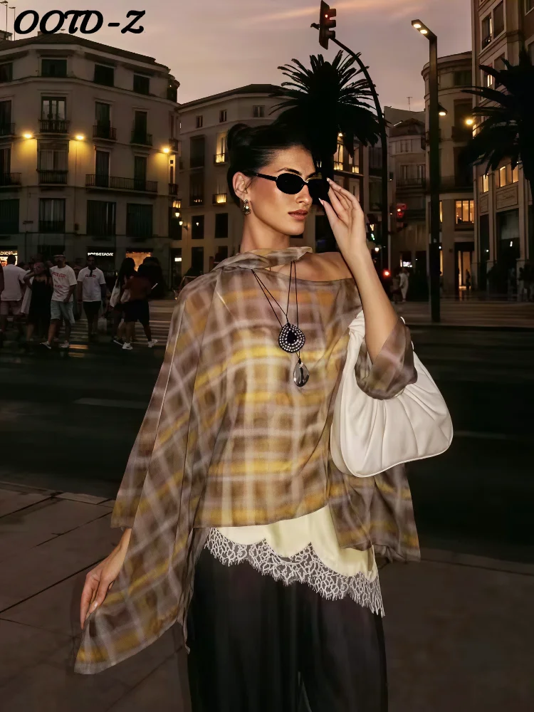 Bufanda a cuadros elegante para mujer, camisa informal que combina con todo con hombros descubiertos, Top holgado con contraste fluido, Tops elegantes para mujer 2025