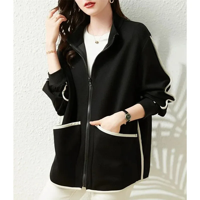 

Корейская женская свободная верхняя одежда с длинными рукавами, осень-зима, женский модный кардиган, пальто с карманами, 2025 г., женская лоскутная куртка с воротником-стойкой