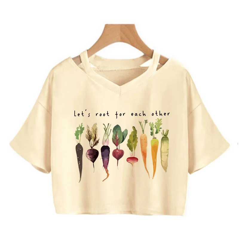 Funny Lets Root for Each Other Vegetable Print Sexy Crop Top Women's Short Sleeve Cropped T Shirt Graphic Vintage Tshirt Clothes