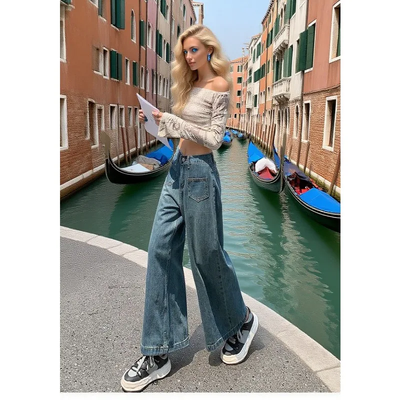 Lässige Damen-Jeans, lockere Vintage-Hose mit hoher Taille und weitem Bein, Herbst-Winter, schwere, drapierte, gerade, lange Hose, entspannte Passform