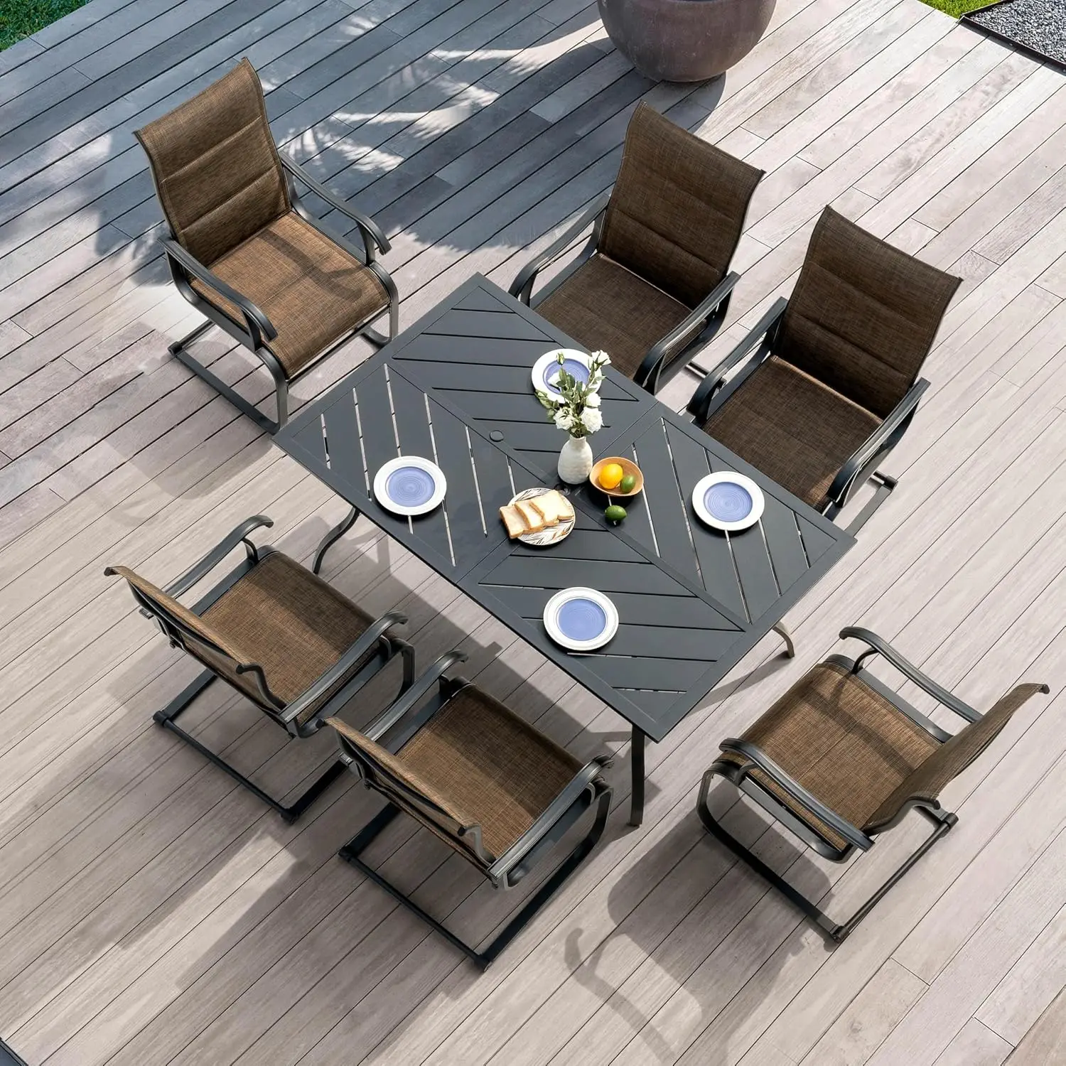 7 Piece Patio Dining Set, 6 Padded Textilene Chairs & 61 Inch Rectangular Table with Umbrella Hole, Outdoor Furniture, Brown & B