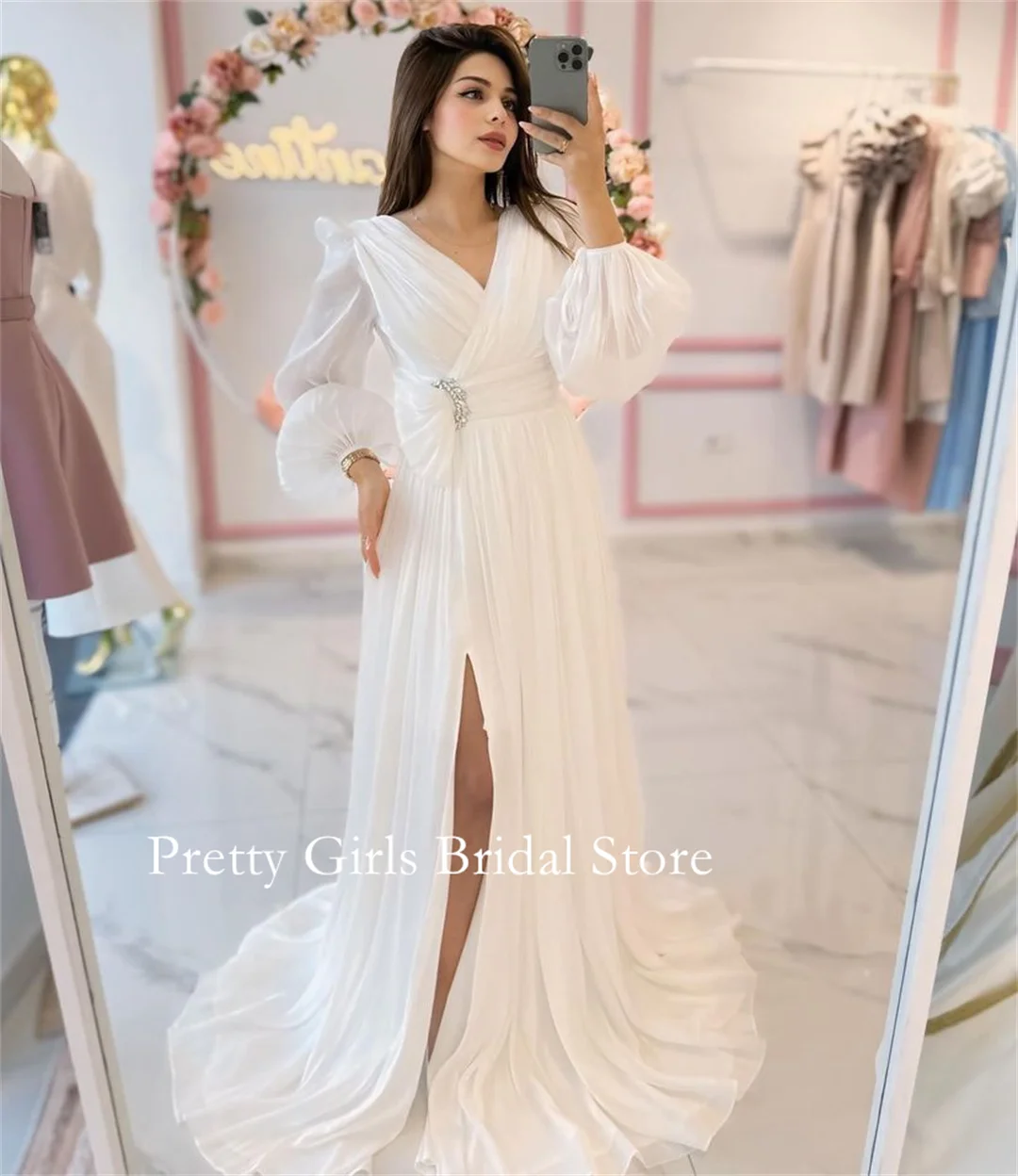 

OEING Arabic Style Vintage V-Neck Chiffon Evening Dresses White Puff Sleeves Side Slit Formal Prom Growns Party Women Bride