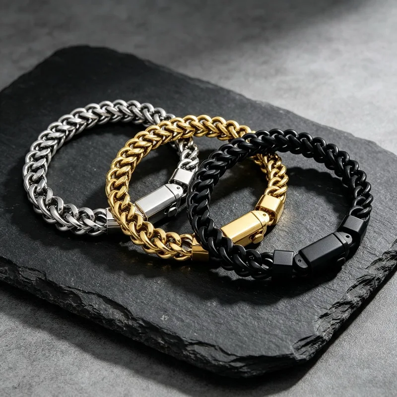 Stainless Steel Hip-Hop Square Snap Franco Chain Bracelet Spring Buckle Frame - Reversible Mens Jewelry Accessory 8mm 8.66''