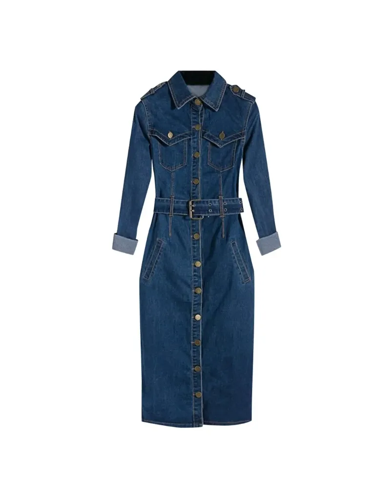 Vintage button-up jeansjurk dames blauwe revers denim vestidos winter kantoor slanke lange mouw mid-manchet denim met riem lange jurk - afbeelding 2