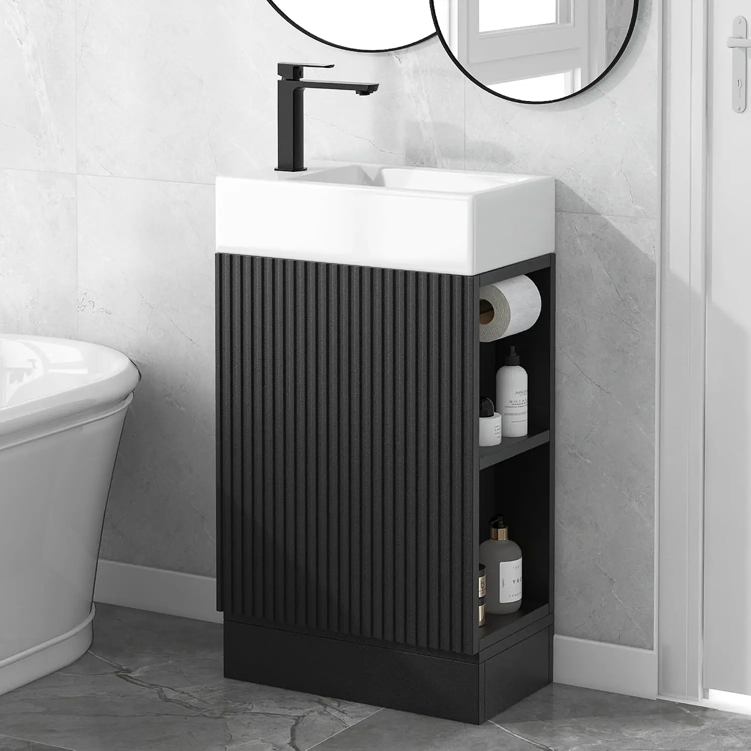 18 Inch Modern Bathroom Vanity With Sink Bathroom Storage Cabinet Top Surface Frame Wooden Shelf Toilet Paper Holder Organizer Restroom Furniture For Small Space Studio, Wood Color - view 3