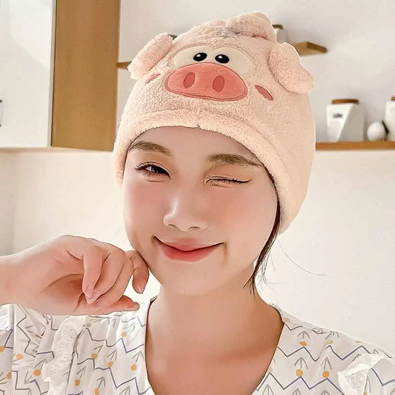 Cute Japanese Style Cartoon Little Pig Dry Hair Cap Magic Microfiber Coral Fleece Shower Cap Absorbent Quick Drying Towel