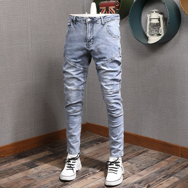 

Spring and Autumn Light Blue Splicing Small Foot Elastic Jeans for Men, Tailored and Stretch, Fashionable Street Versatile Pants
