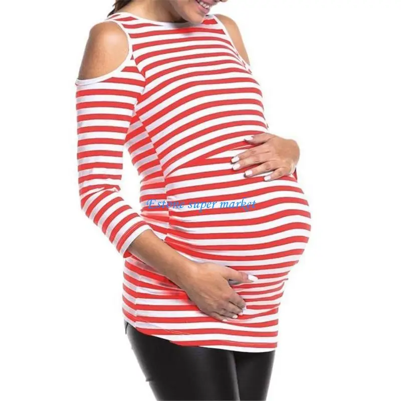 090B Lightweight Soft Cotton Blend Maternity Top Striped for Comfortable Nursing