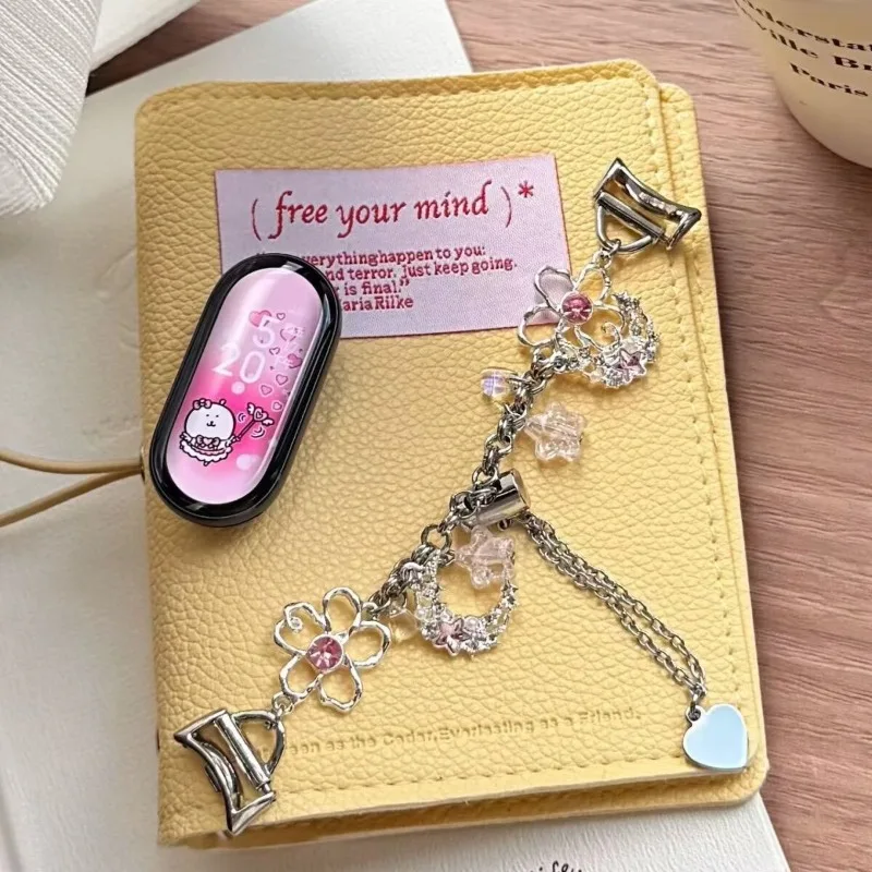 Romantic Flower Metal Bracelet Strap for Xiaomi Band 10 9 8 Pro Pink Rhinestone Moon Star Chain for Redmi Band 6 5 4 Wristband