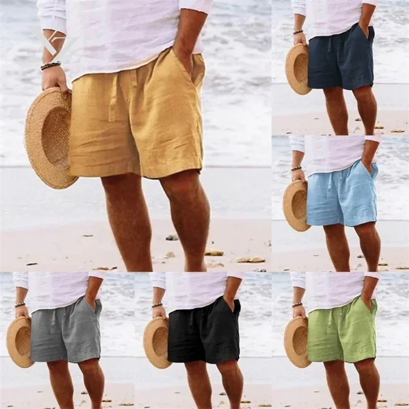2025 New Summer Men's Cotton Linen Breathable Shorts Hawaii Beach Pants Male Solid Color Trousers Loose Versatile Streetwear