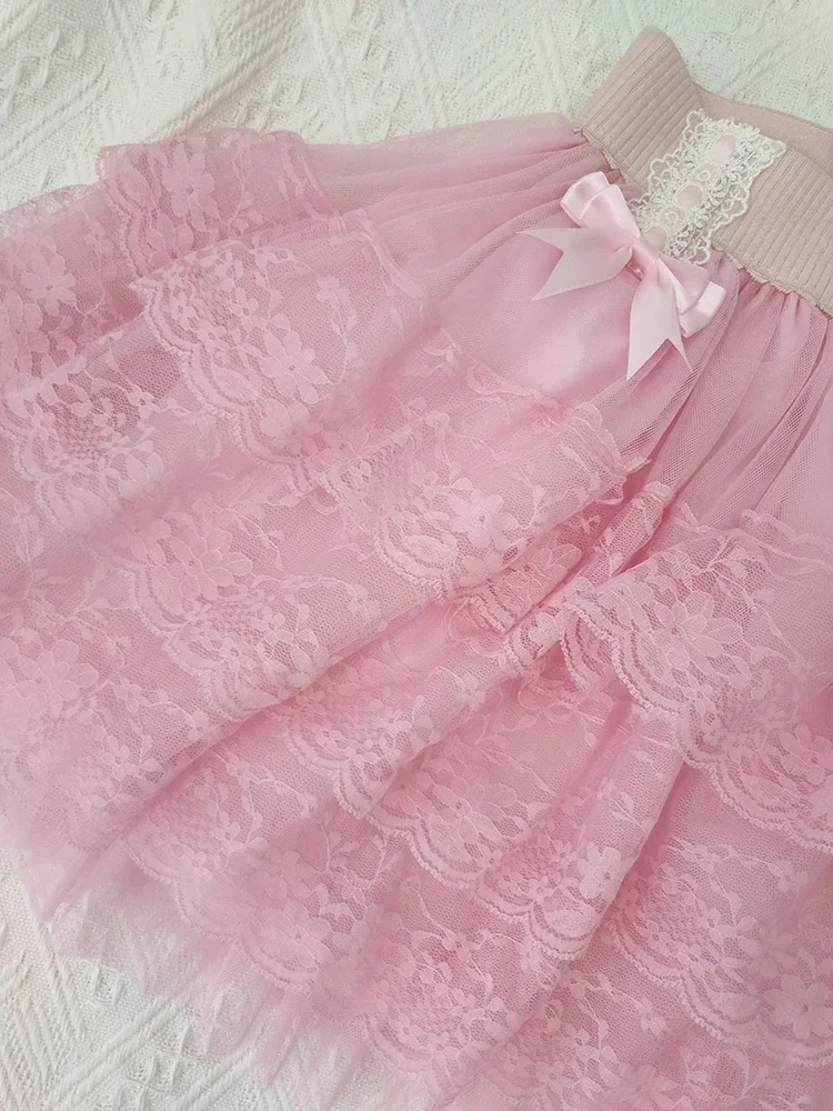 Jupe en dentelle multicouche pour filles douces, jupe rose, décoration de nœuds, taille élastique, style Lolita, vêtements Kawaii, été