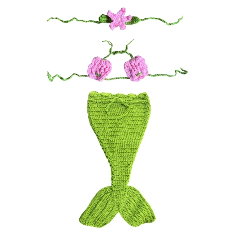 

J15U Baby Sea-maiden Outfit Comfortable Crochet Dress Headwear for Memorable Pictures