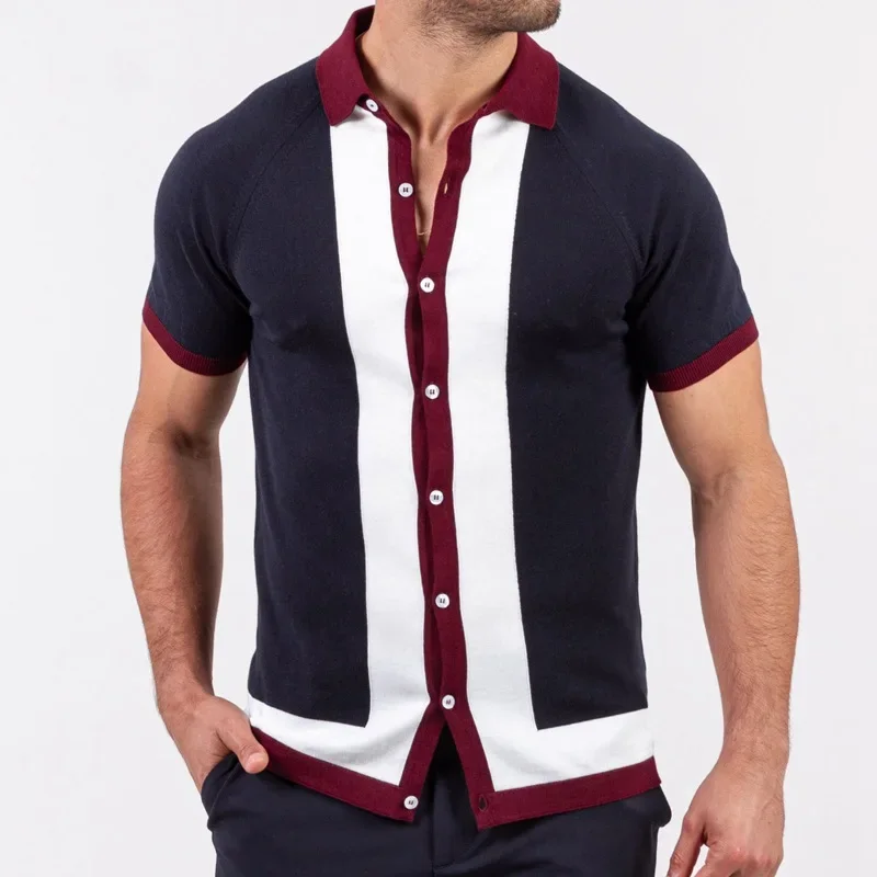 Men Clothing 2023 Summer New Single-breasted Splicing Color Knitted Shirt Men\'s Casual T Shirt