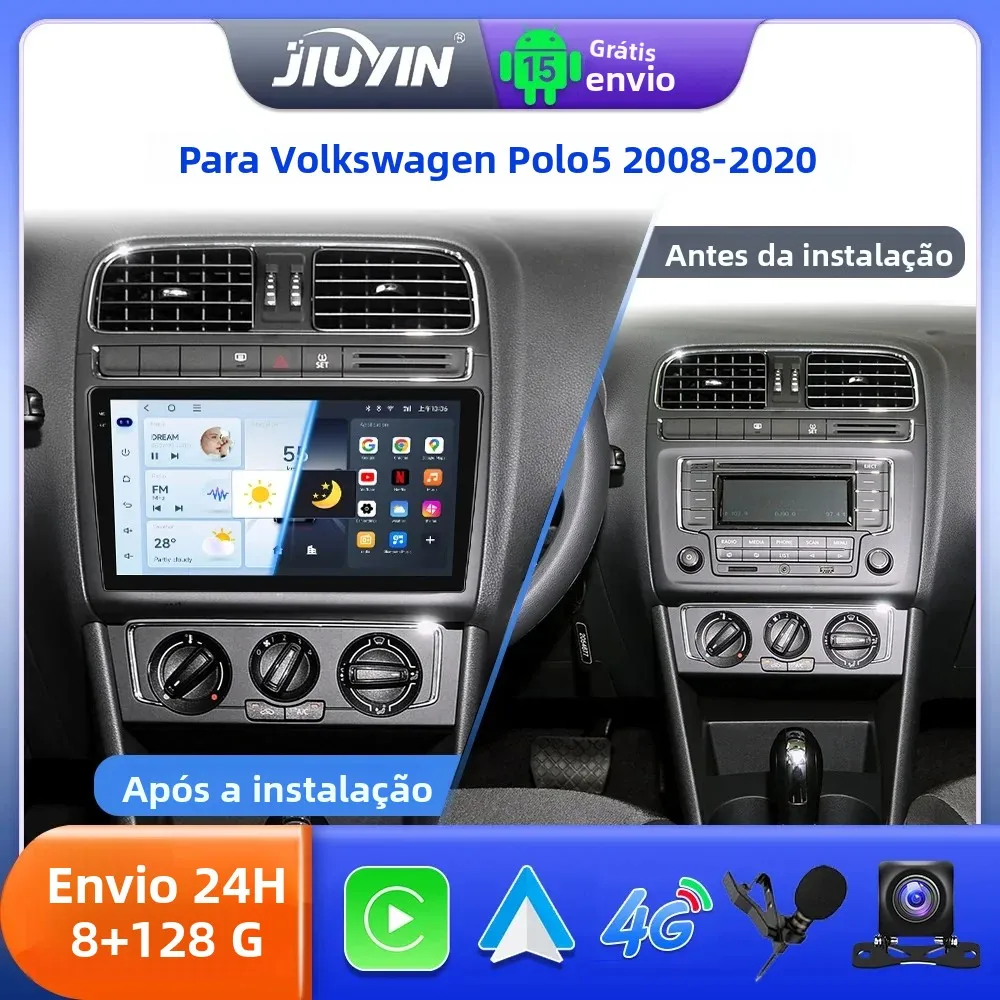 Rádio Automotivo JIUYIN 9" Android 15 para Volkswagen Polo 5 2008-2020, Central Multimídia Automotiva com GPS e Tela Carplay 2DIN