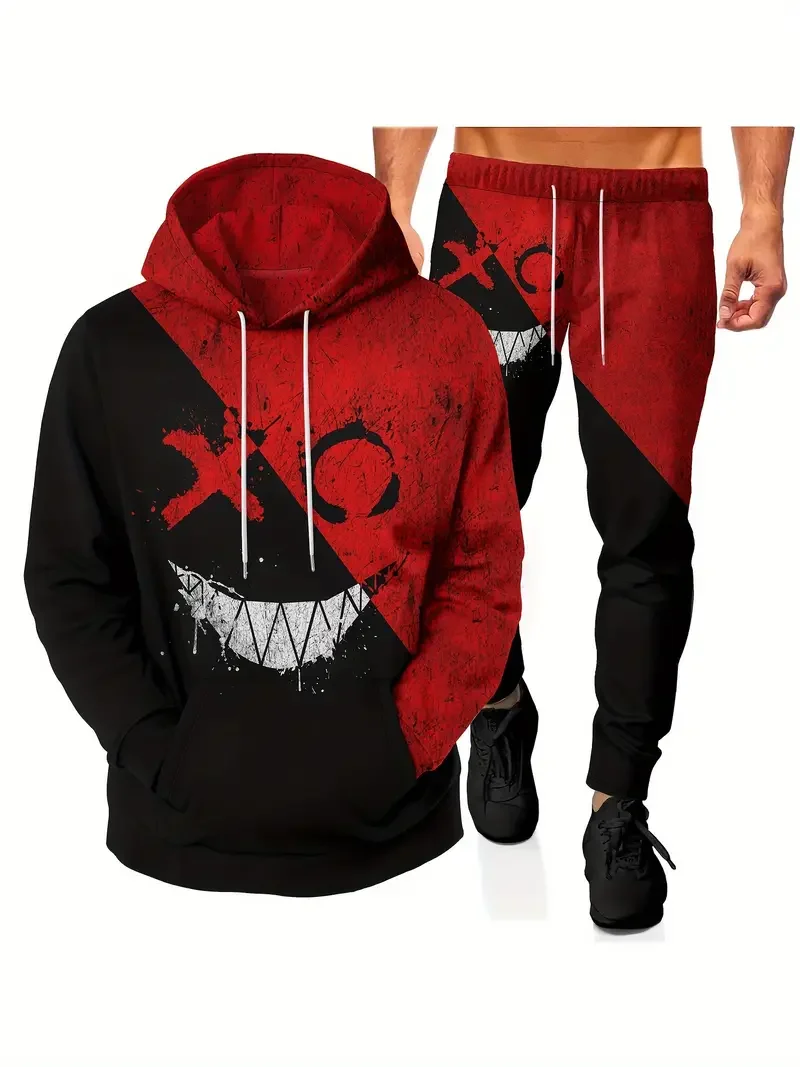 Men's Smile Face 3D Print Fashion Novelty Hoodie And Sweatpants Set Long Sleeve Sweatshirts Jogger Pant 2 Piece Outfits For Men