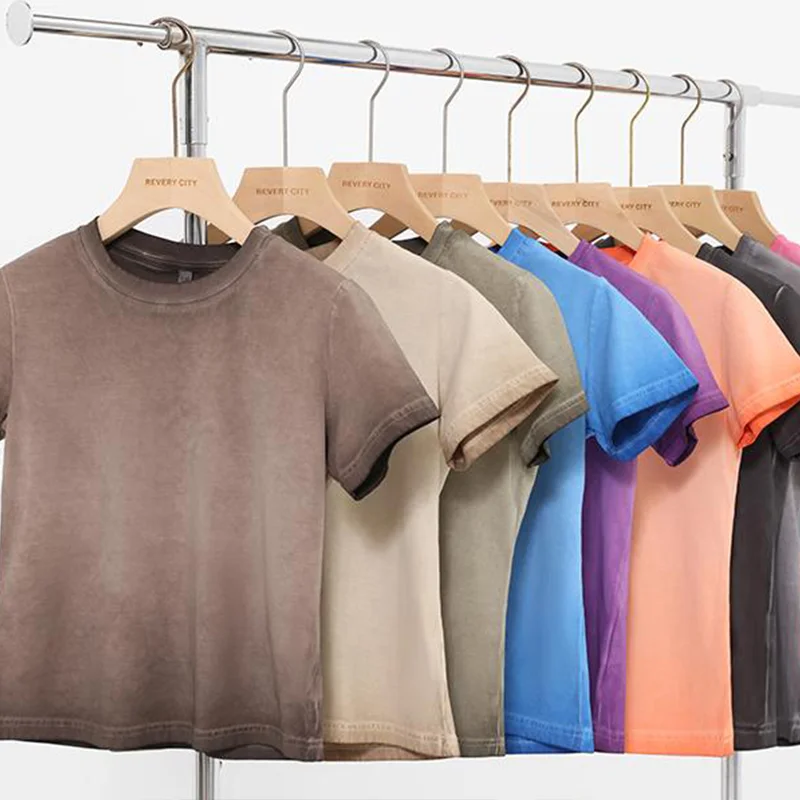 Female 240GSM Gradient Washed Custom LOGO Solid Slim  T-Shirt Soft Cotton Streetwear Casual Short Sleeve Cool Retro For Women image 6