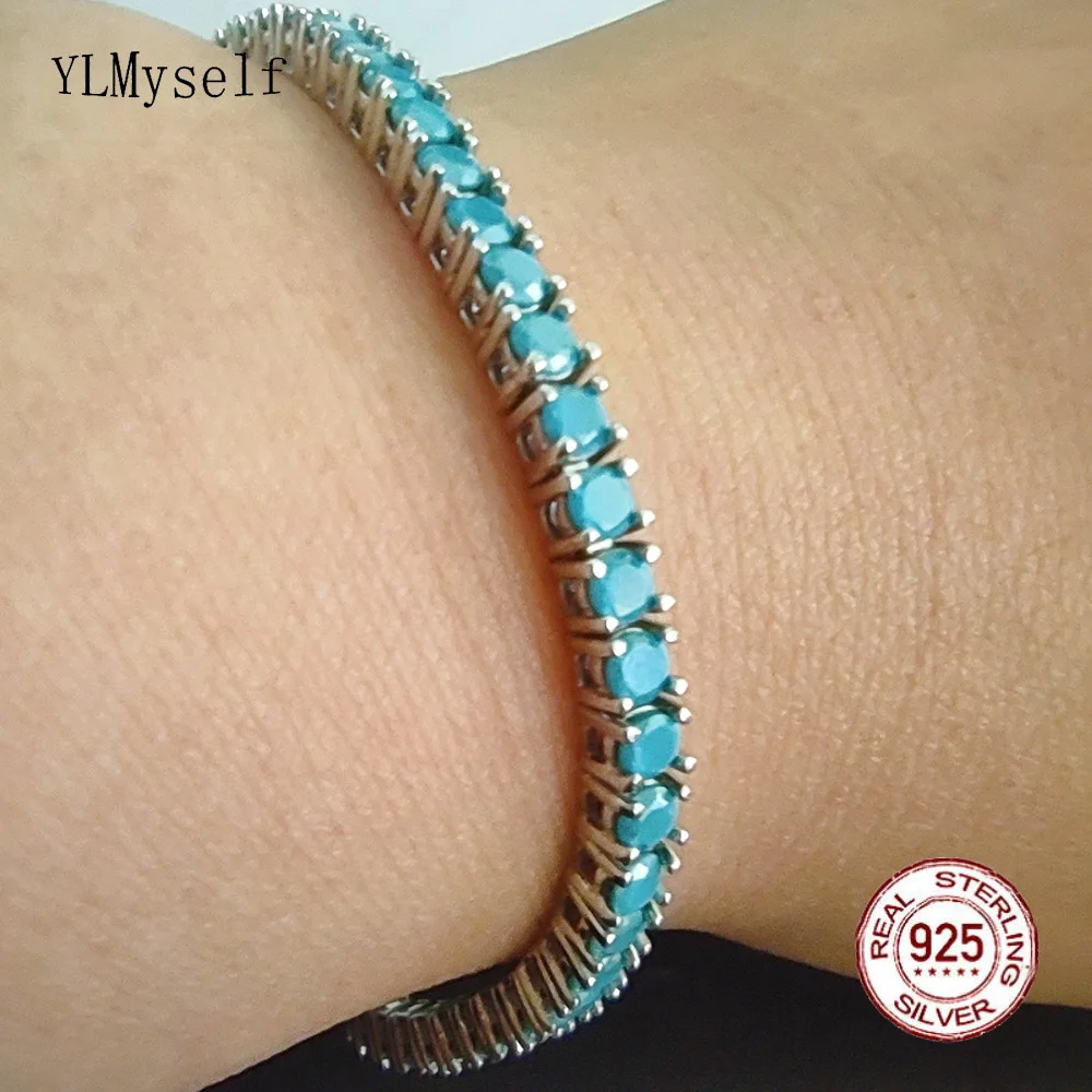 Pure Silver 15-21 cm Tennis Bracelet Pave 3 mm Turquoise Blue Stone Beautiful Real 925 Jewelry For Women/Men