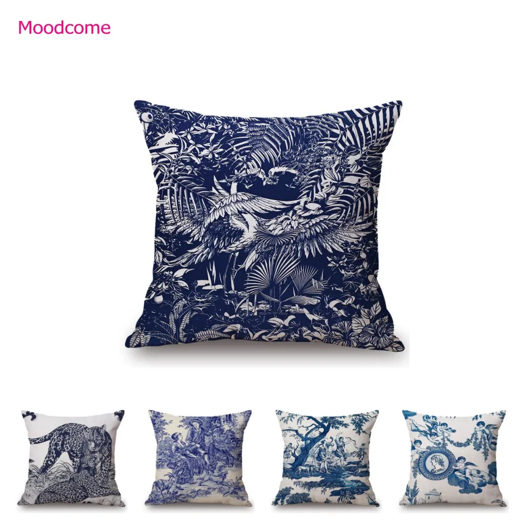 Toile De Jouy francés Delft flamenco azul pájaro Tigre diseño De corte real elegante funda decorativa para cojín para sofá
