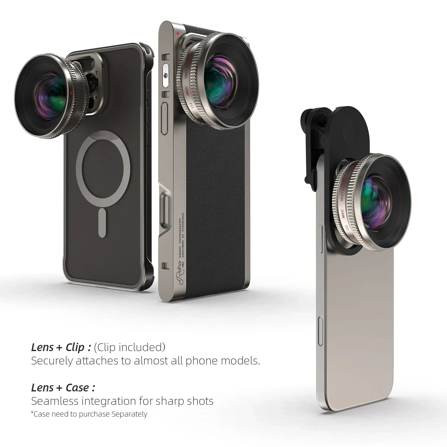 عدسة كاميرا Fotorgear Retro T-Mount، زاوية واسعة جدًا 16 مم، عين السمكة 8 مم، عدسة ماكرو 45 مم/74 مم، 1.55 × غير متبلورة، عدسة صورة 60 مم
