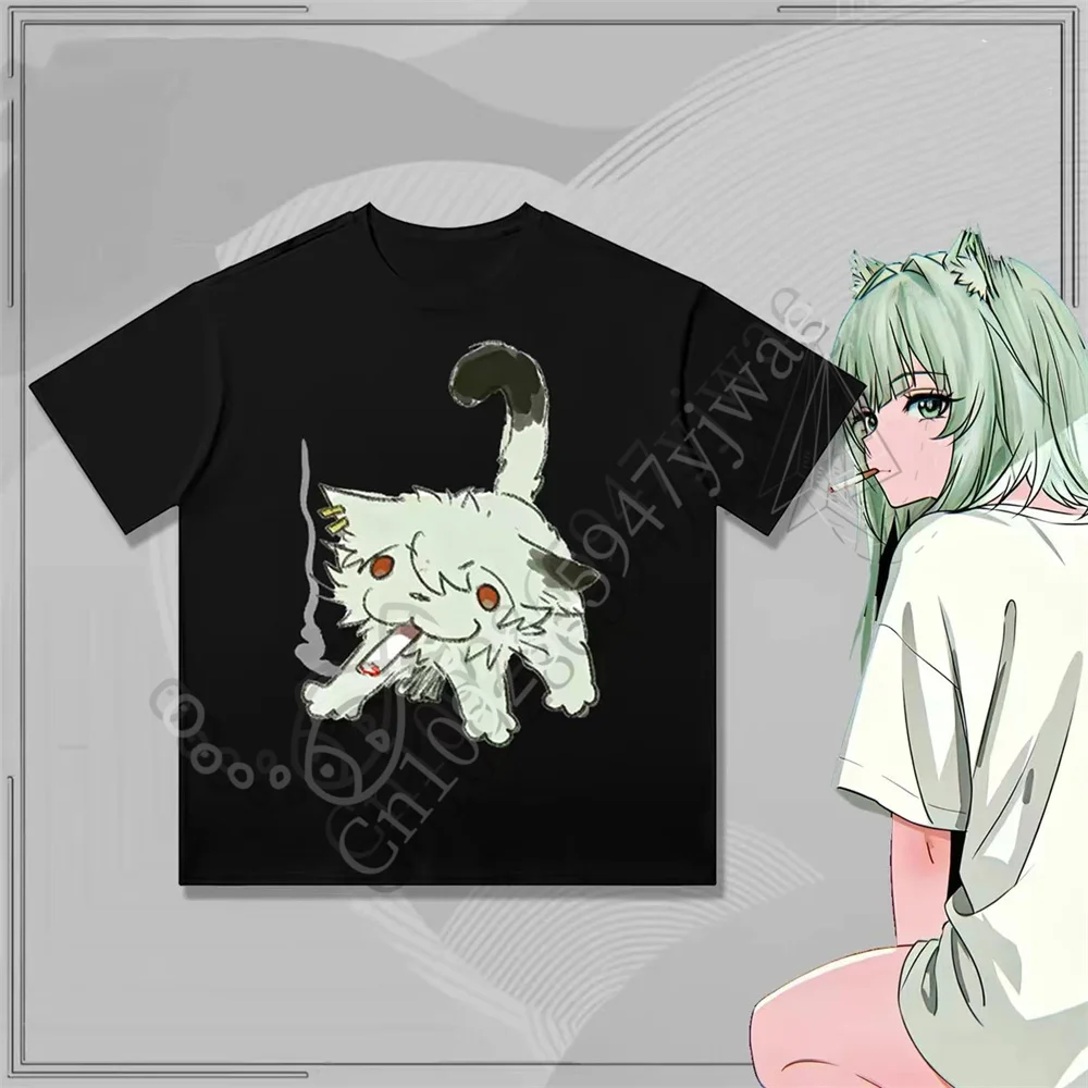 2026 Chainsmoker Cat Yaniko Satou Cartoon Cute Graphic Short Sleeved Casual Streetwear Anime Fans Tee Summer Men Women T-Shirts
