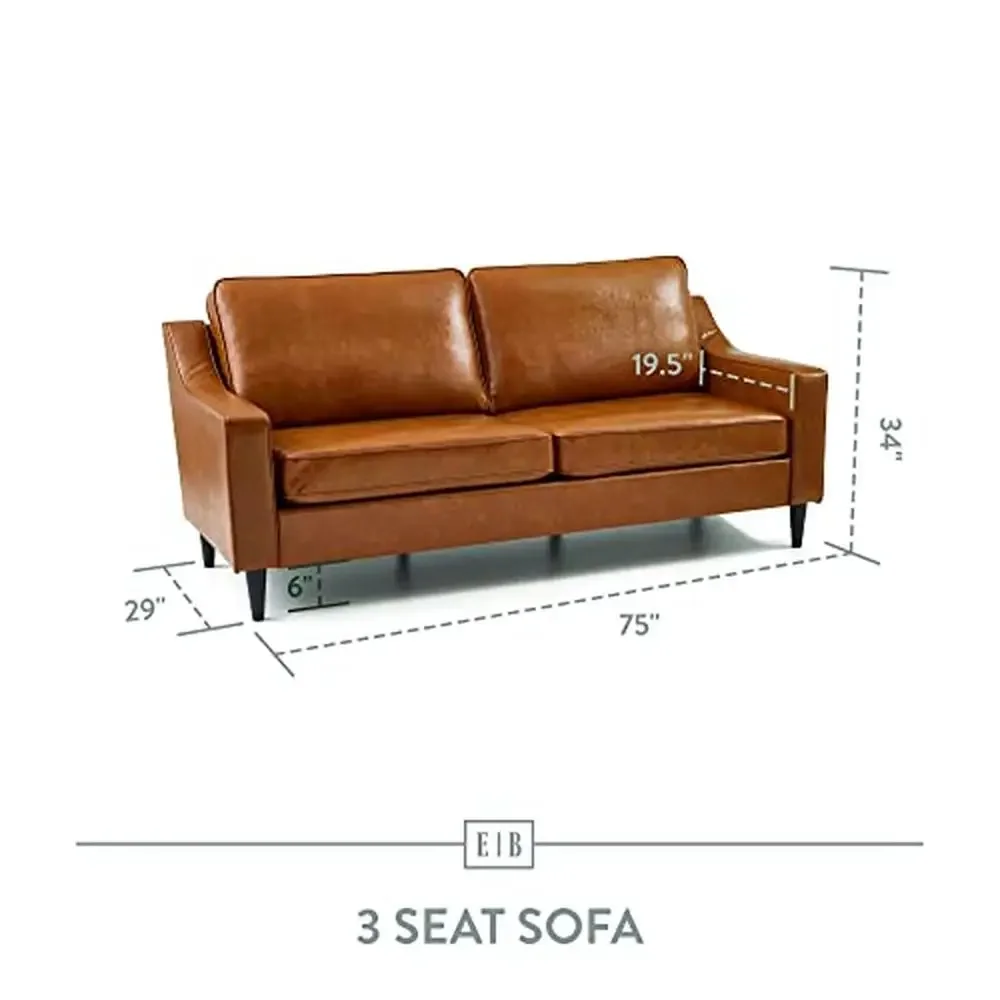 Camel Faux Leather Sofa Compact Living Room Furniture Modern Scoop Arm Design  Partner Assembly Wood Frame 75.5" 450lb Capacity