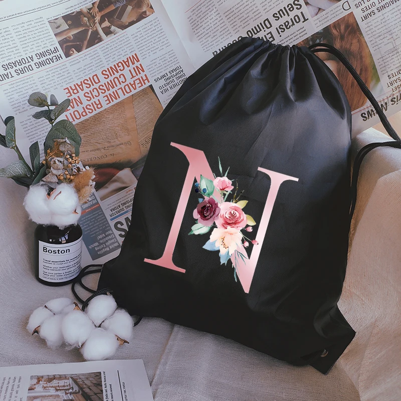 Bolso de compras portátil para mujer, mochila escolar personalizada con cordón para chica, bolsa de gimnasio, mochila con estampado de letras rosas