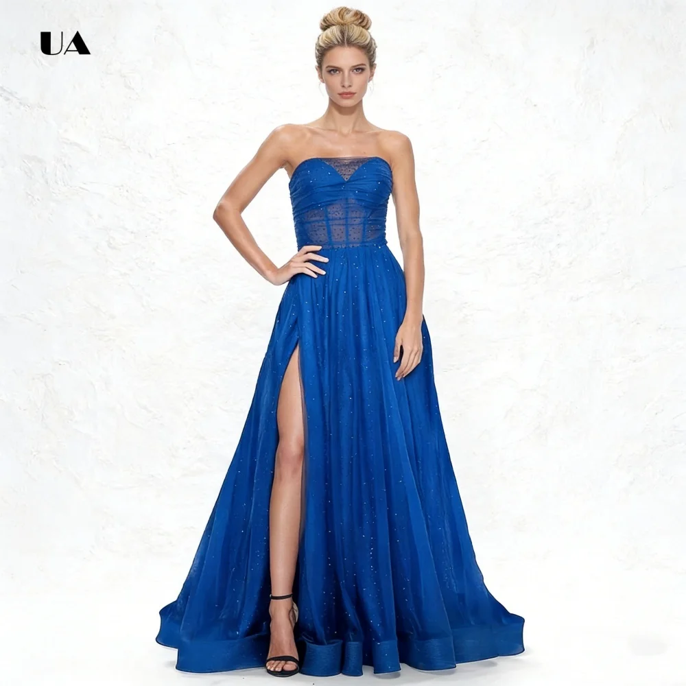 반짝이는 튤 A라인 프로미 드레스, 환상적인 스트랩리스 디자인, 솔리드 슬릿 이브닝 드레스, 여성용 섹시 맞춤 파티 가운