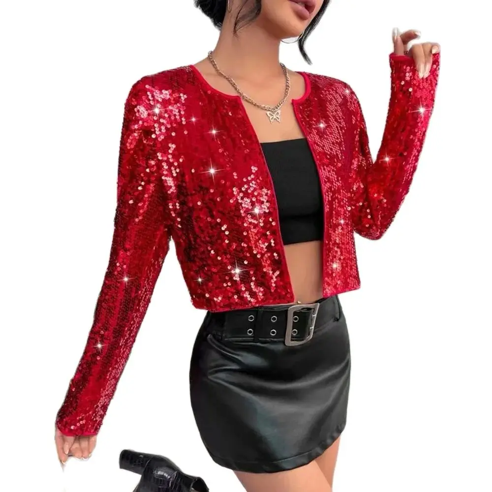 

Women's Spring Europe, America, Amazon, Europe And America Cross-border Explosions Rock Wind Round Neck Short Sequined CoatTide.