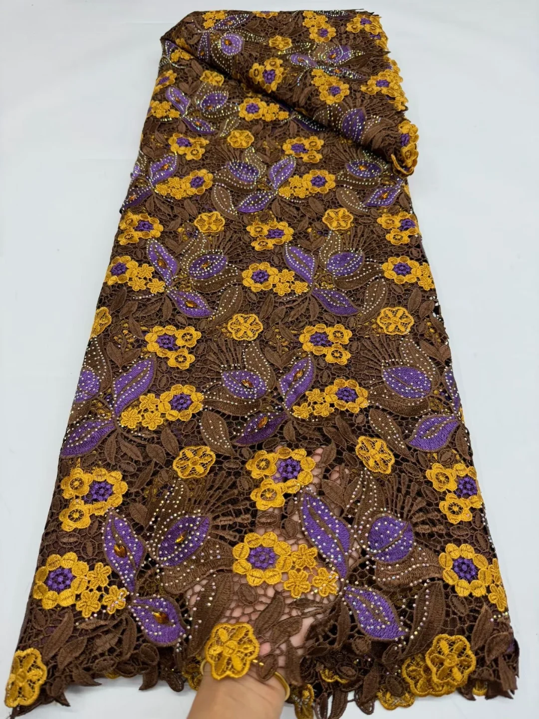 AT2993A-1 African Guipure Fabric 3D Embroidery Cord Lace with Flower Lurex Traditional Senegal Water Soluble Fashionable Sewing