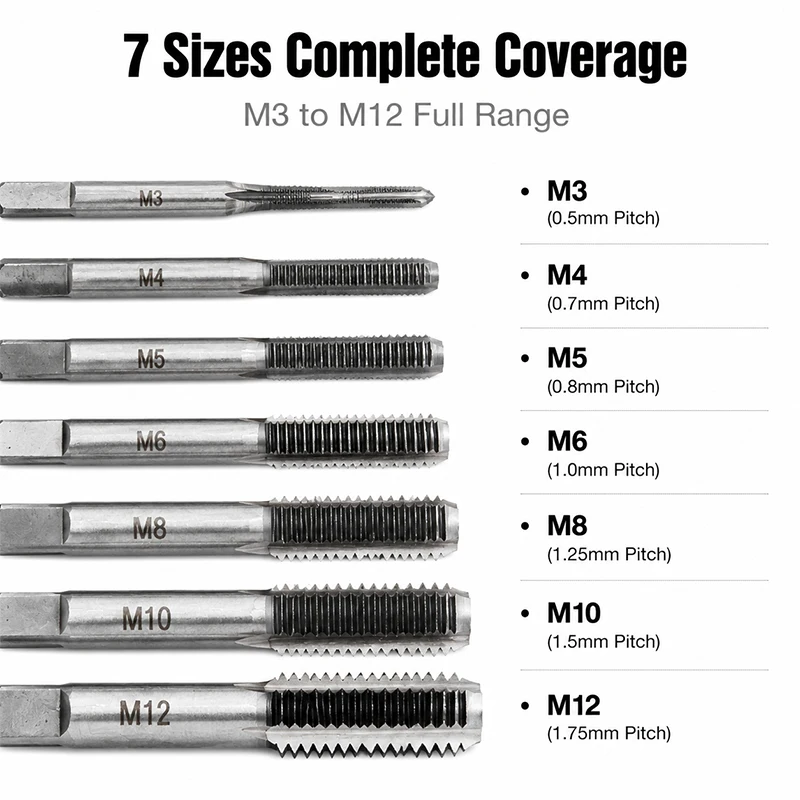 M3-M12 Hand Tap Square Handle Straight Groove Thread Tapping 7pc Tapping Internal Thread Tool Set