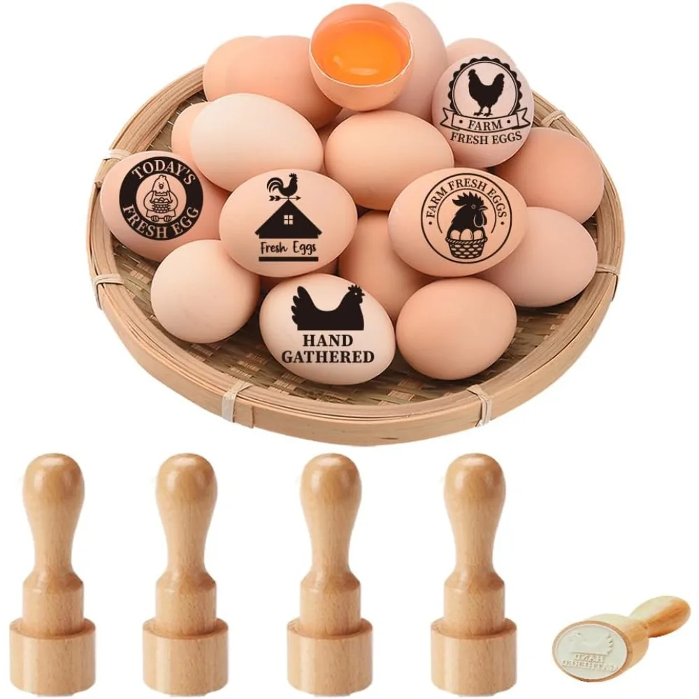5Pcs 5 Styles Farm Fresh Egg Stamps Rubber Stamps for Eggs 0.63 Inch Mini Round Wooden Rubber Cute Farm Fresh Stamper Ideal