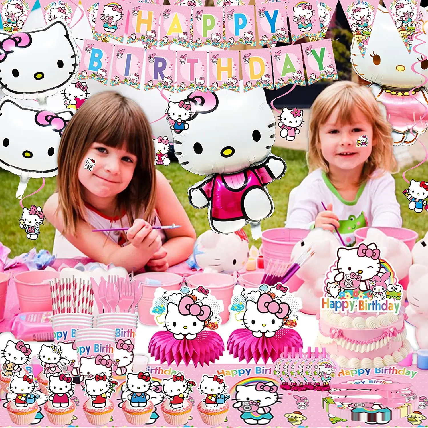 Kawaii Hello Kitty Party Supplies Pink Cat Balloons Cups Plates Tablecloth Toys Baby Shower Happy Birthday Decorations Sanrio