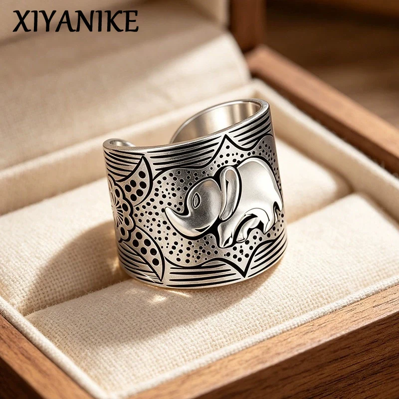 XIYANIKE Vintage Thai Silver Elephant Wide Adjustable Finger Rings For Men Women Handmade Fashion New Jewelry Gift Party Anillos