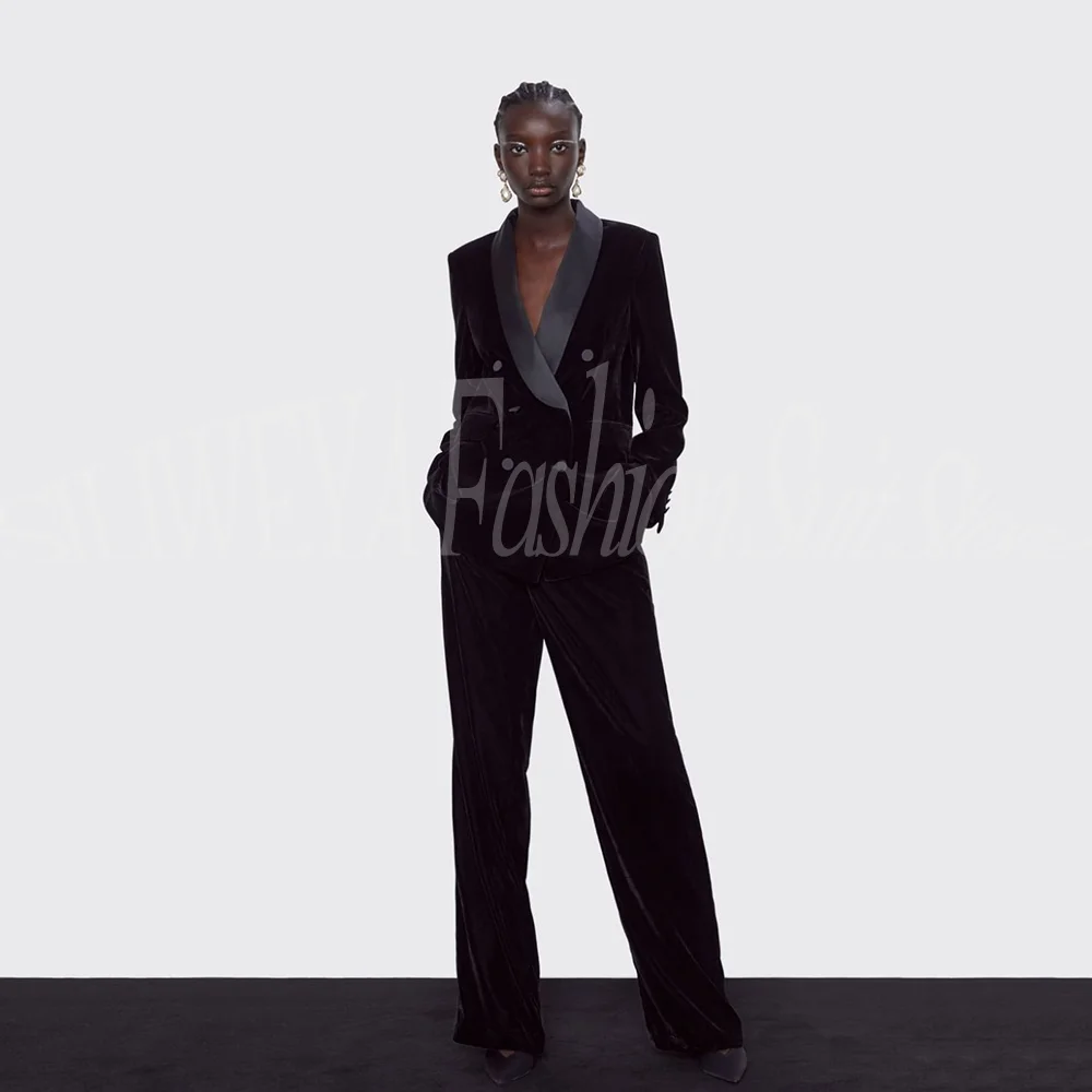 Luxury Black Velvet Women Pants Suits Long Sleeve Double Breasted 2 Pieces Set Jacket Pant Office Lady Chic Outfits Customized
