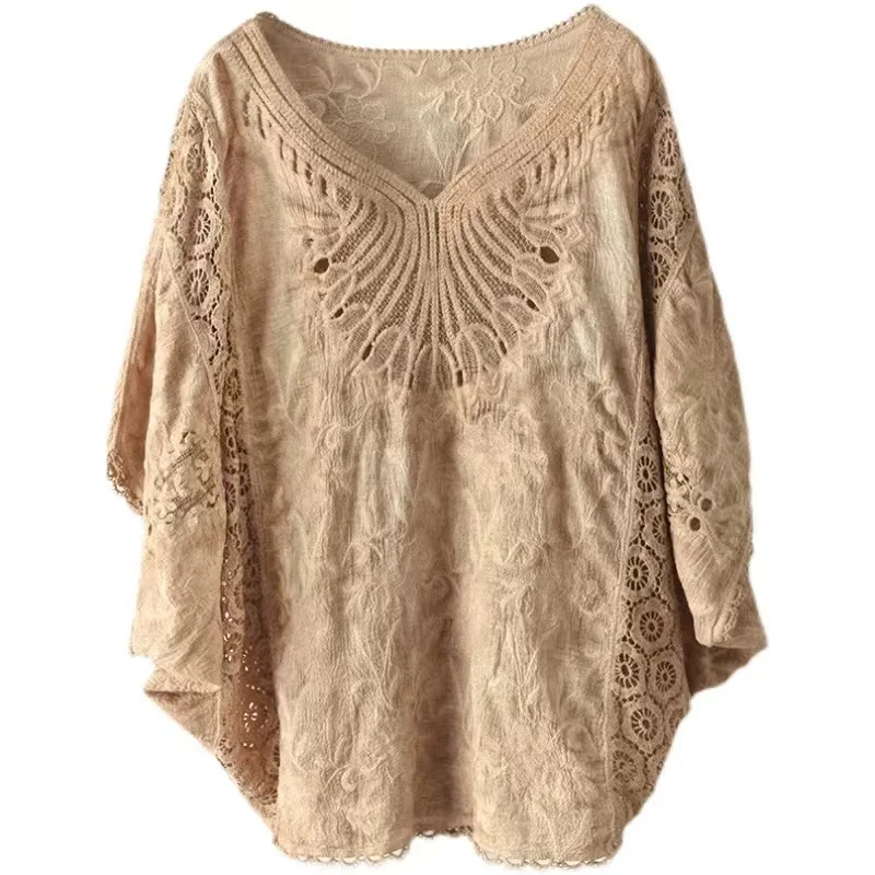 Été Faion plein coton évider chauve-souris Sve T-shirt ample femmes ort Sve couvrir haut v-ne coton T-shirt