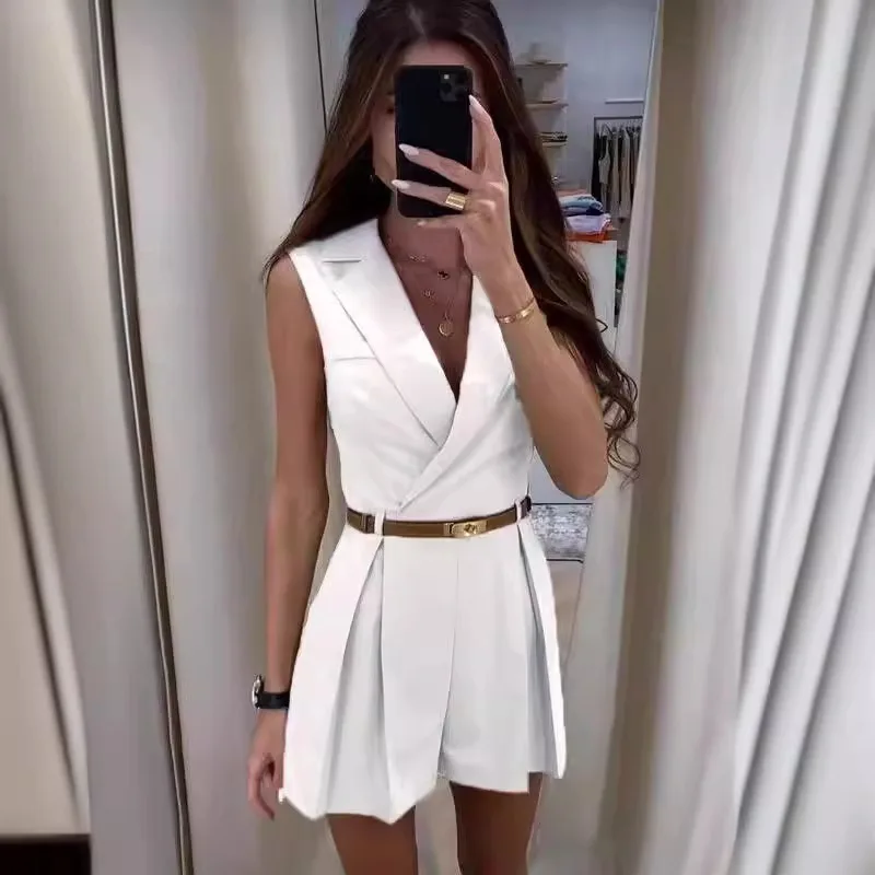 Women's Fashion New Slim Commuting Blazer Jumpsuit Temperament Women Romper Summer New Female Sleeveless Elegant Short Jumpsuits