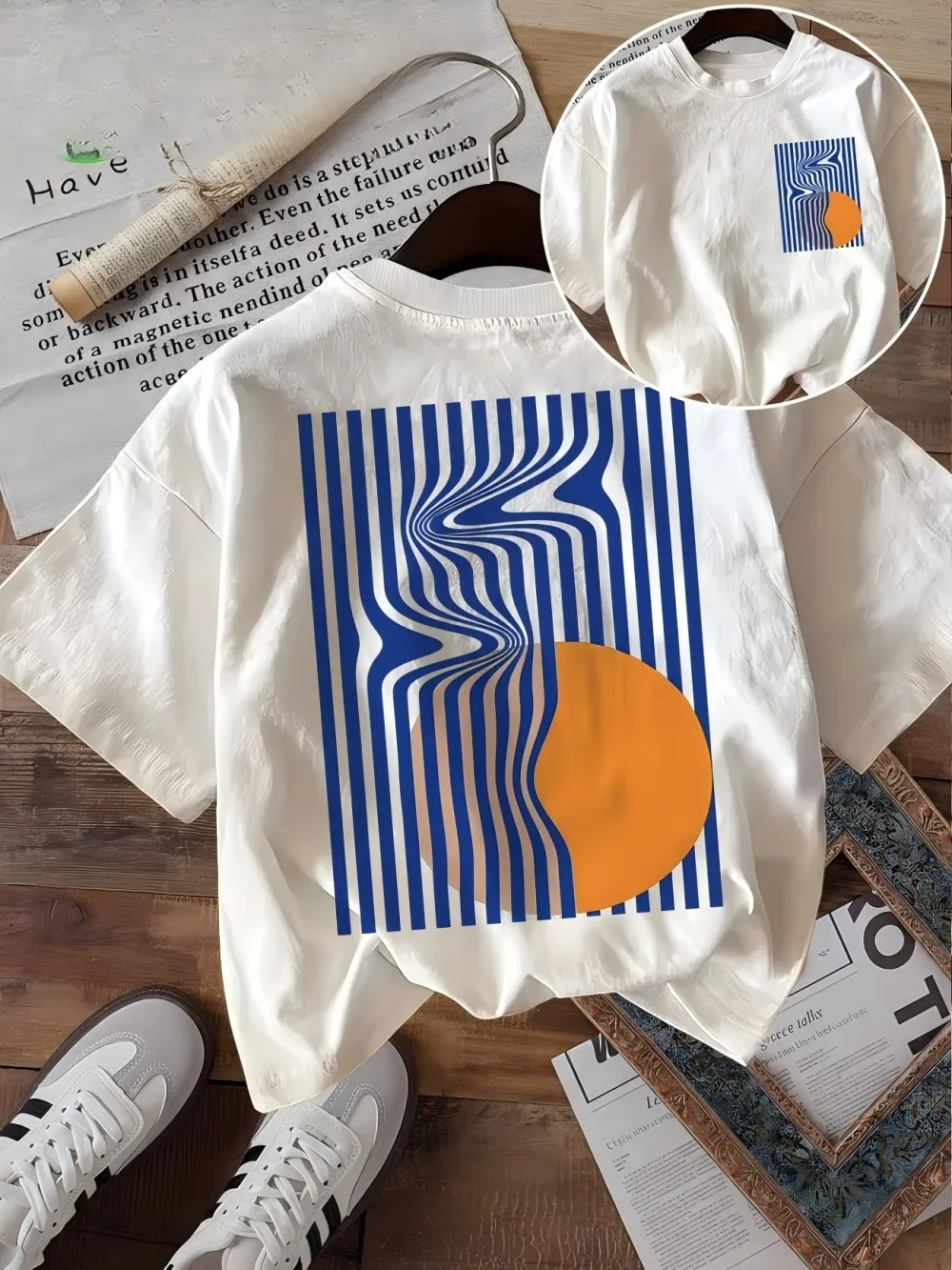 Abstract Blue Wave Graphic T Shirt Women Orange Sun Geometric Print Tee Summer Casual Retro Aesthetic Harajuku Style  Top