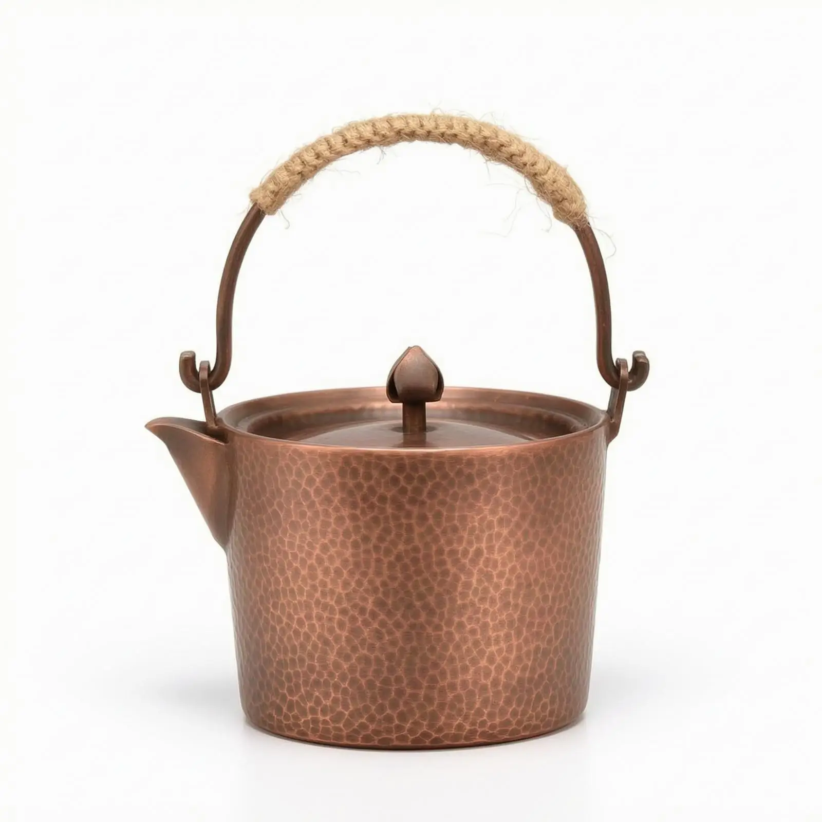 Traditional Hammered Copper Kettle for Tea Ceremony Red Copper Water Boiler with Fiber Wrapped Handle for Safe Grip