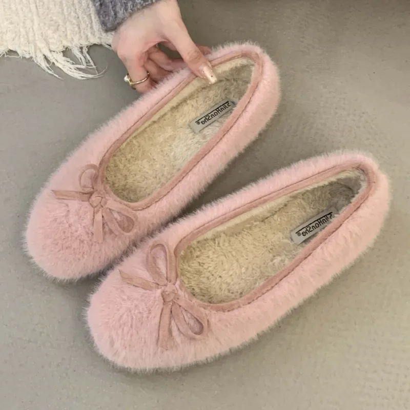 

Fall Winter Warm Fluffy Flat Mary Jane Shoes Women Elegant Bow Decoration Round Toe Loafers Soft Sole Comfortable Ballet Flats