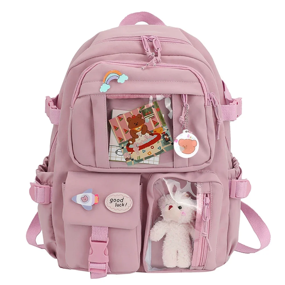 College Student Rucksack Fashion Casual Book Bags Nylon with Plush Pendant Pin Cute Large Capacity Japanese Style for Teen Girls