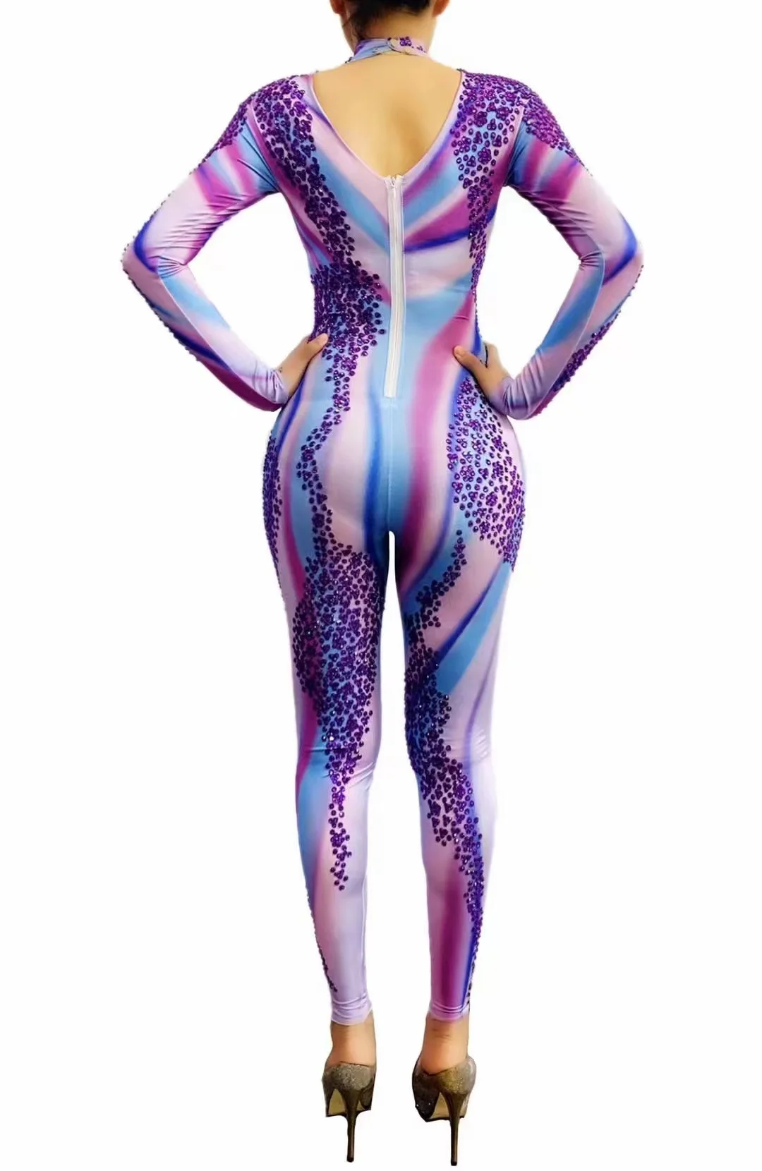 Seksowny świecący fioletowy kombinezon z kryształkami kobiety Party stroje urodzinowe taniec trykot legginsy występ pokaz sceniczny strój do tańca