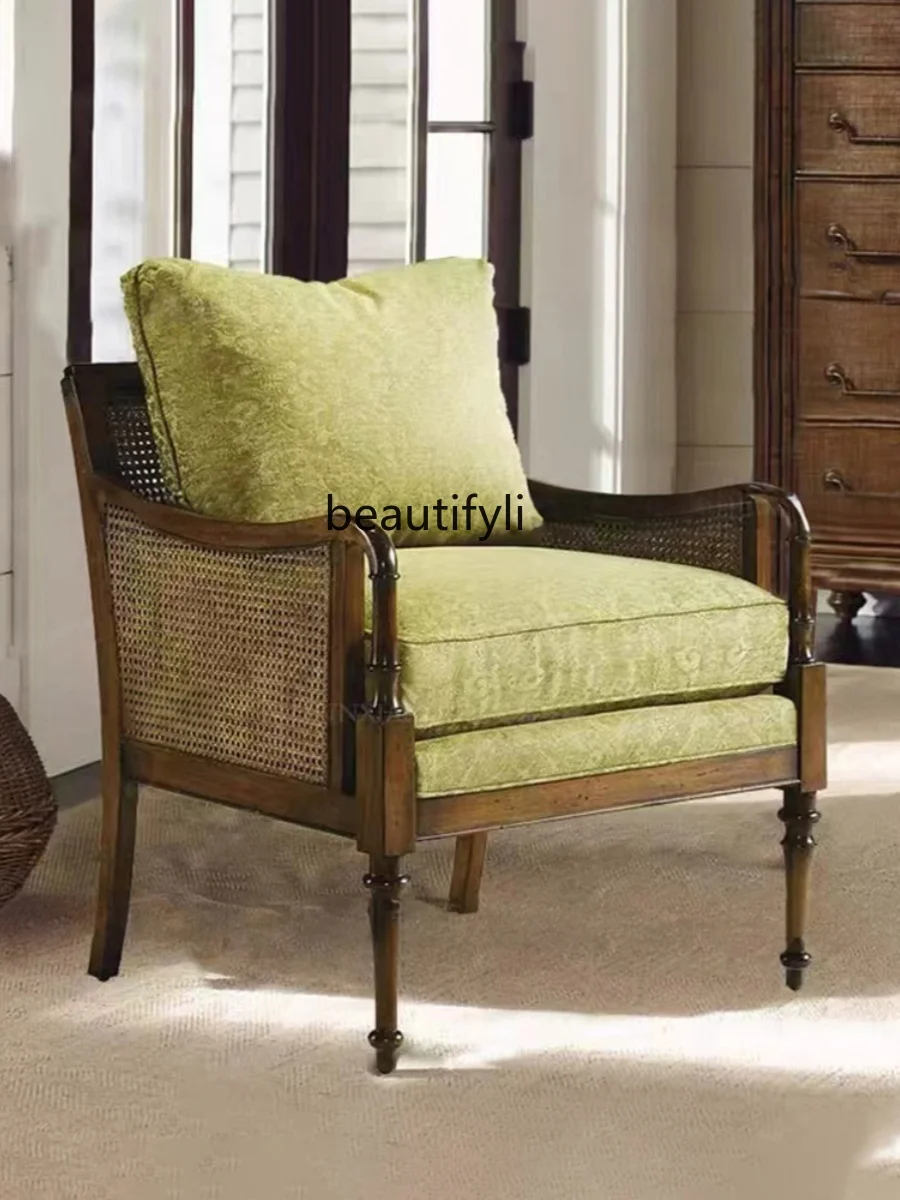 French Retro Solid Wood Distressed Solid Wood Single-Seat Sofa Chair Double Three American and European Style Rattan Balcony