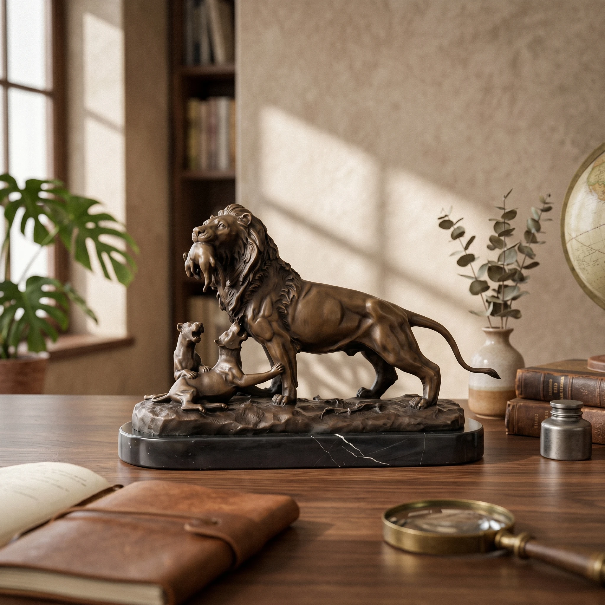 Bronze Lion Statue Textured Details Lion Sculpture Home Decor Realistic Detail Gift Idea for Study Room