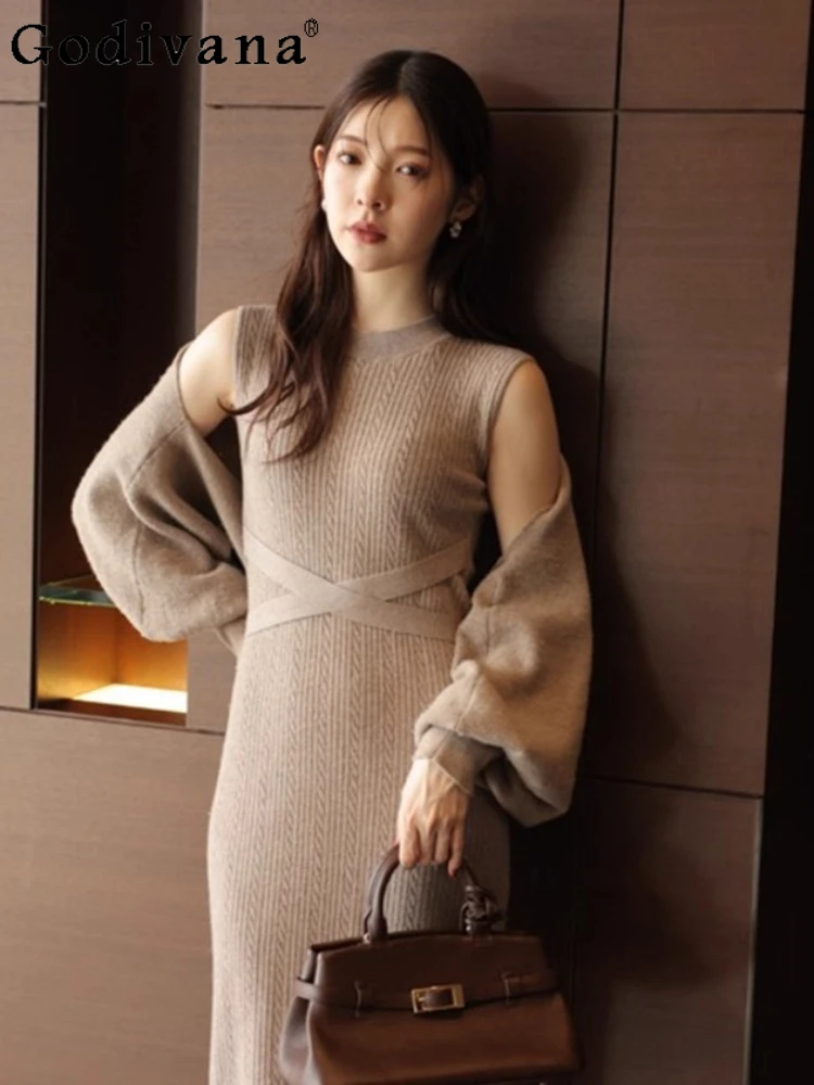 Japonês doce moda vestido de malha blusa conjunto de 2 peças outono inverno novo feminino fino ajuste elegante fora do ombro malha pulôver vestido